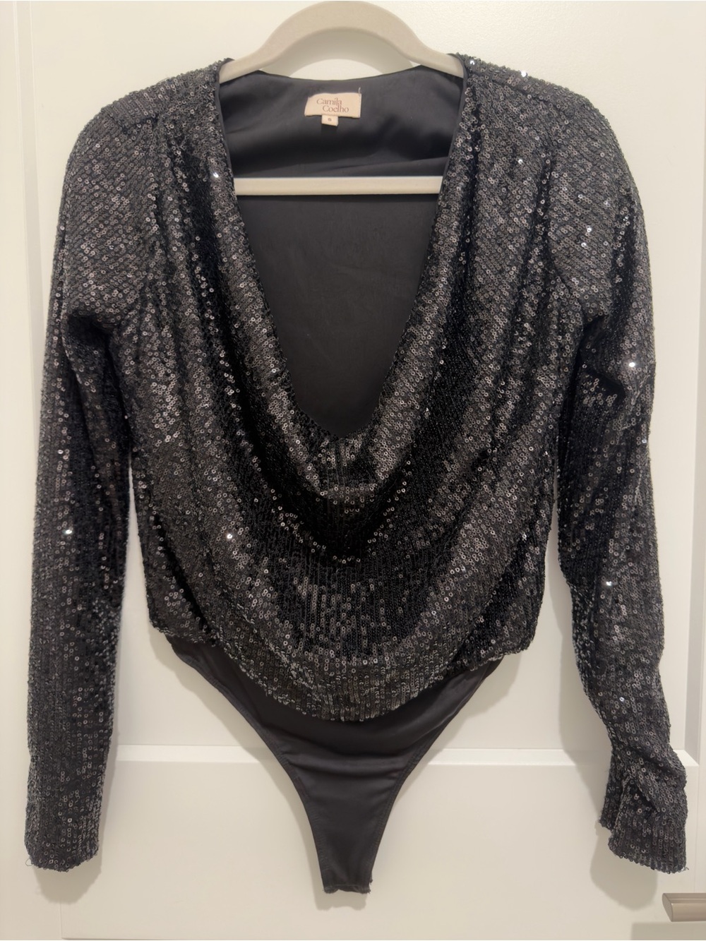 Camila Coelho Black Sequin Draped Cowl Neck Bodysuit